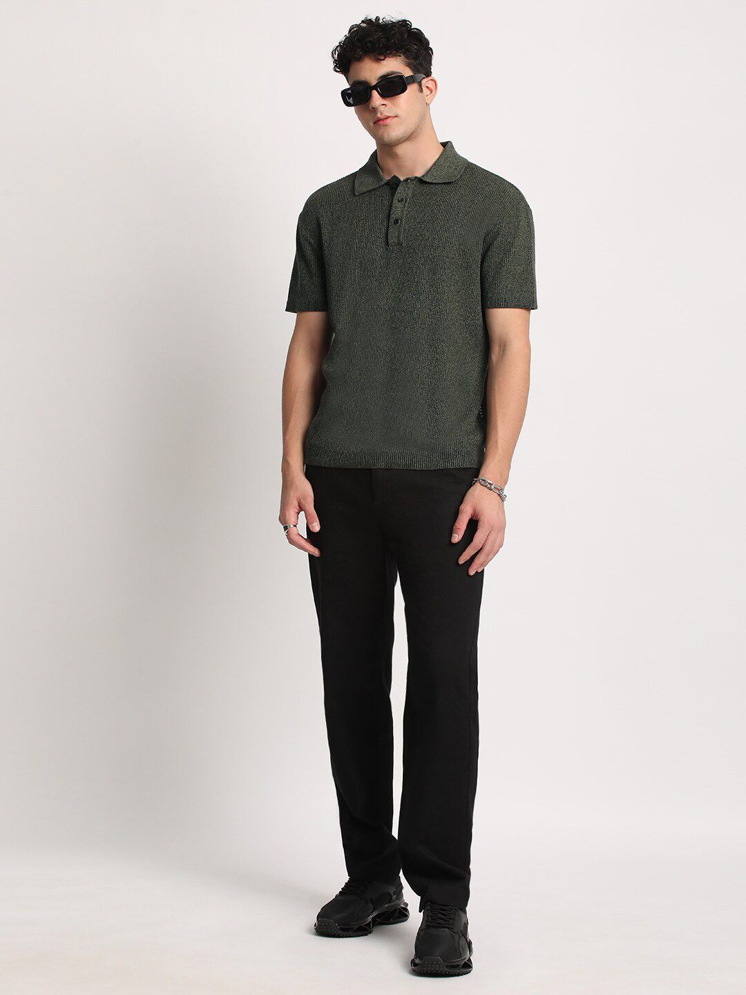 THE BEAR HOUSE Men Self Designed Regular Fit Cotton Polo Collar T-Shirt