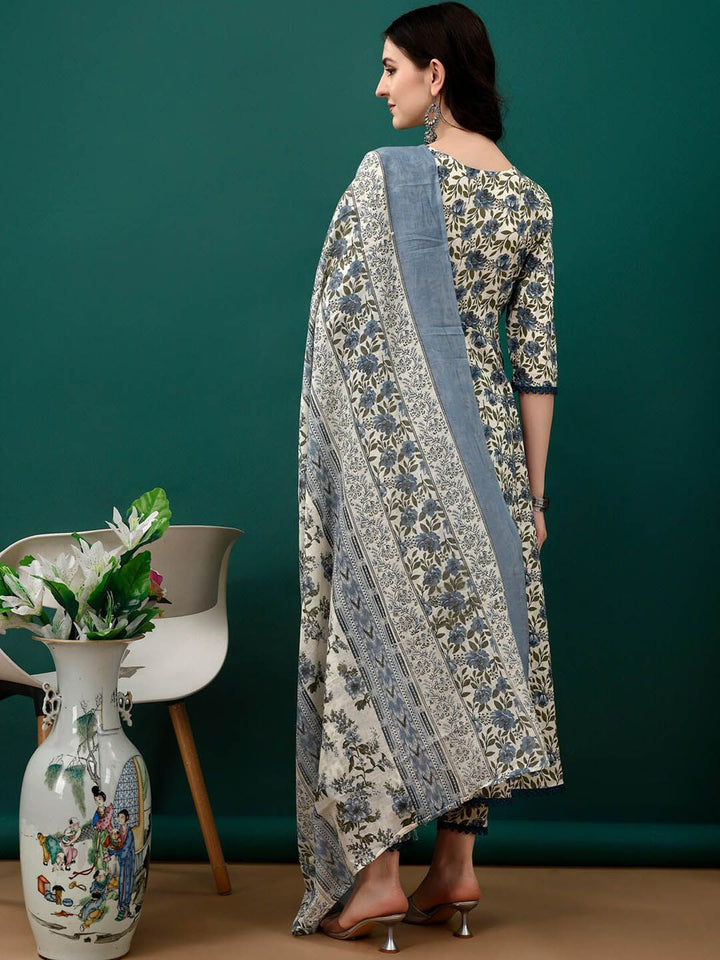 KALINI Floral Printed Pure Cotton Anarkali Kurta With Trousers & Dupatta