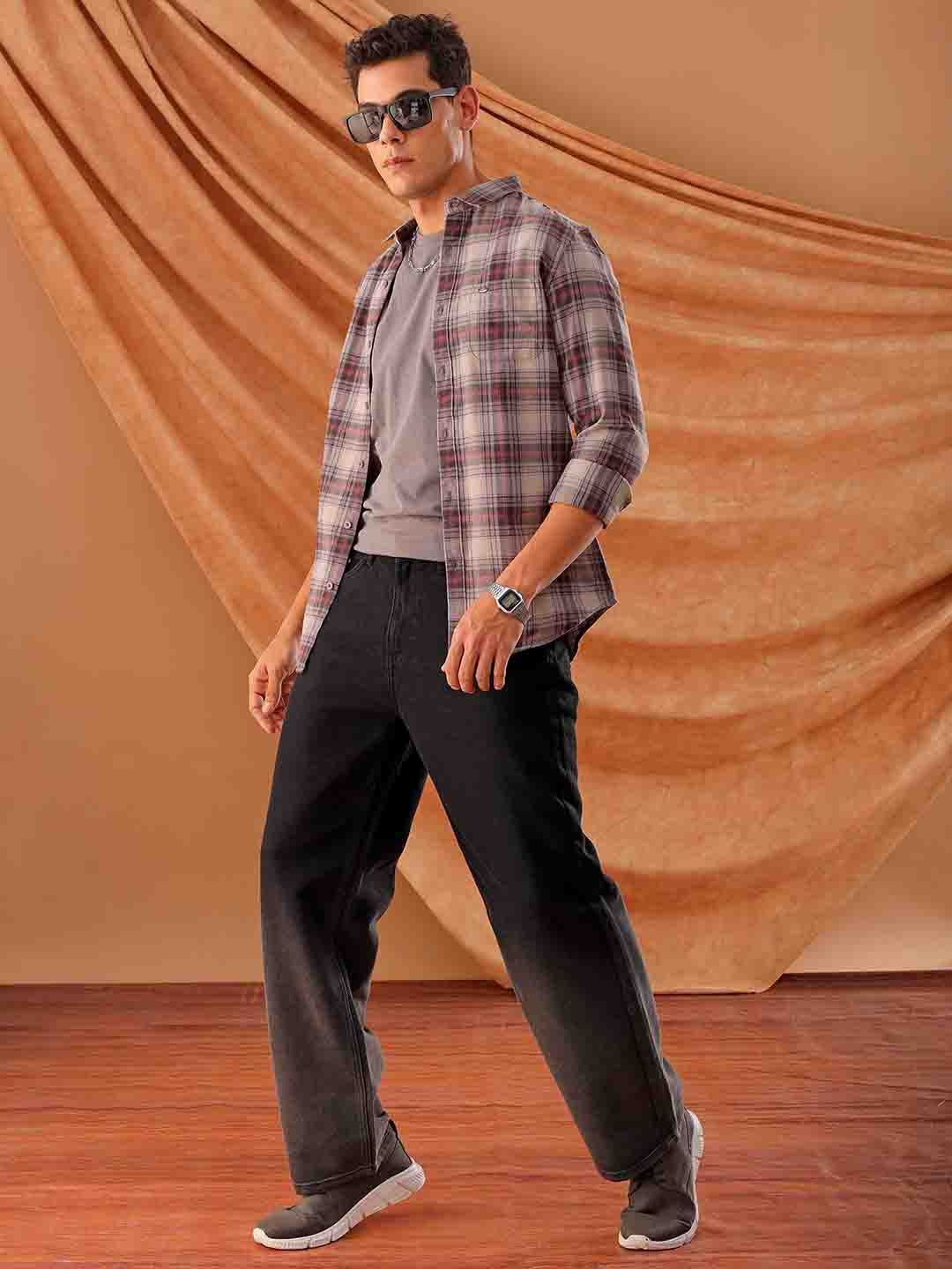 The Indian Garage Co. Spread Collar Slim Fit Tartan Checks Cotton Casual Shirt