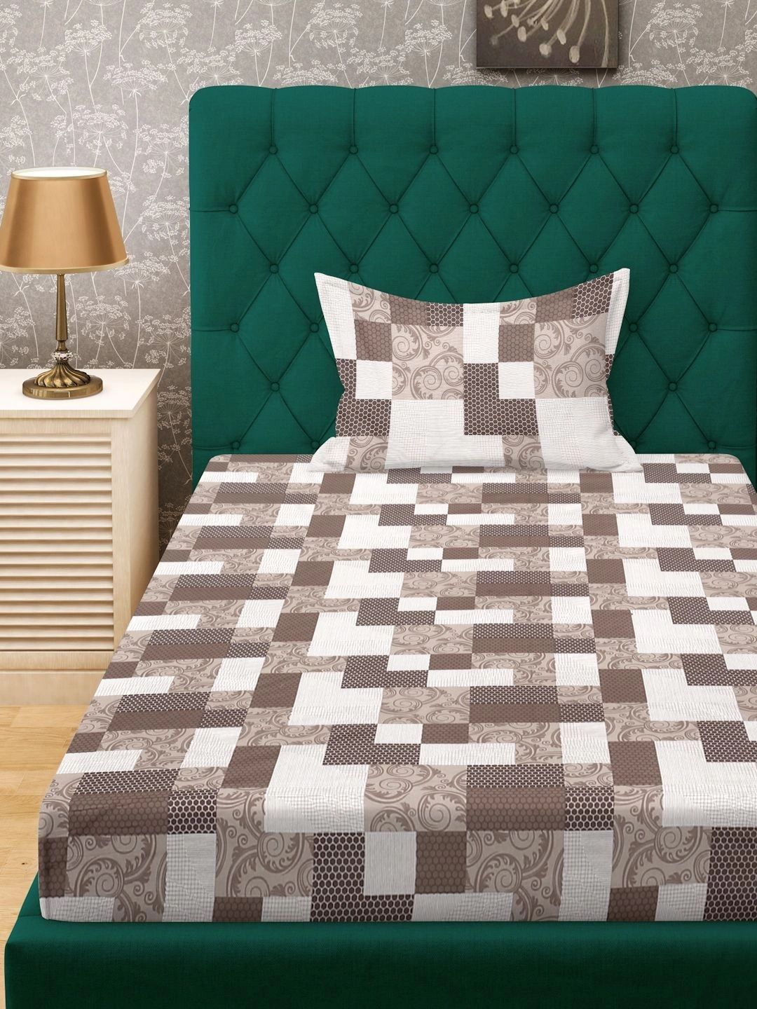 Moda Rapido X KLOTTHE Brown & White Geometric 400 TC Single Bedsheet with 1 Pillow Covers
