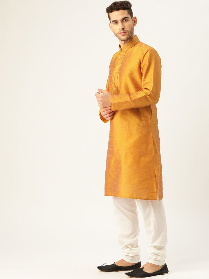 SOJANYA Men Mustard Yellow Solid Straight Kurta With Sheen Effect