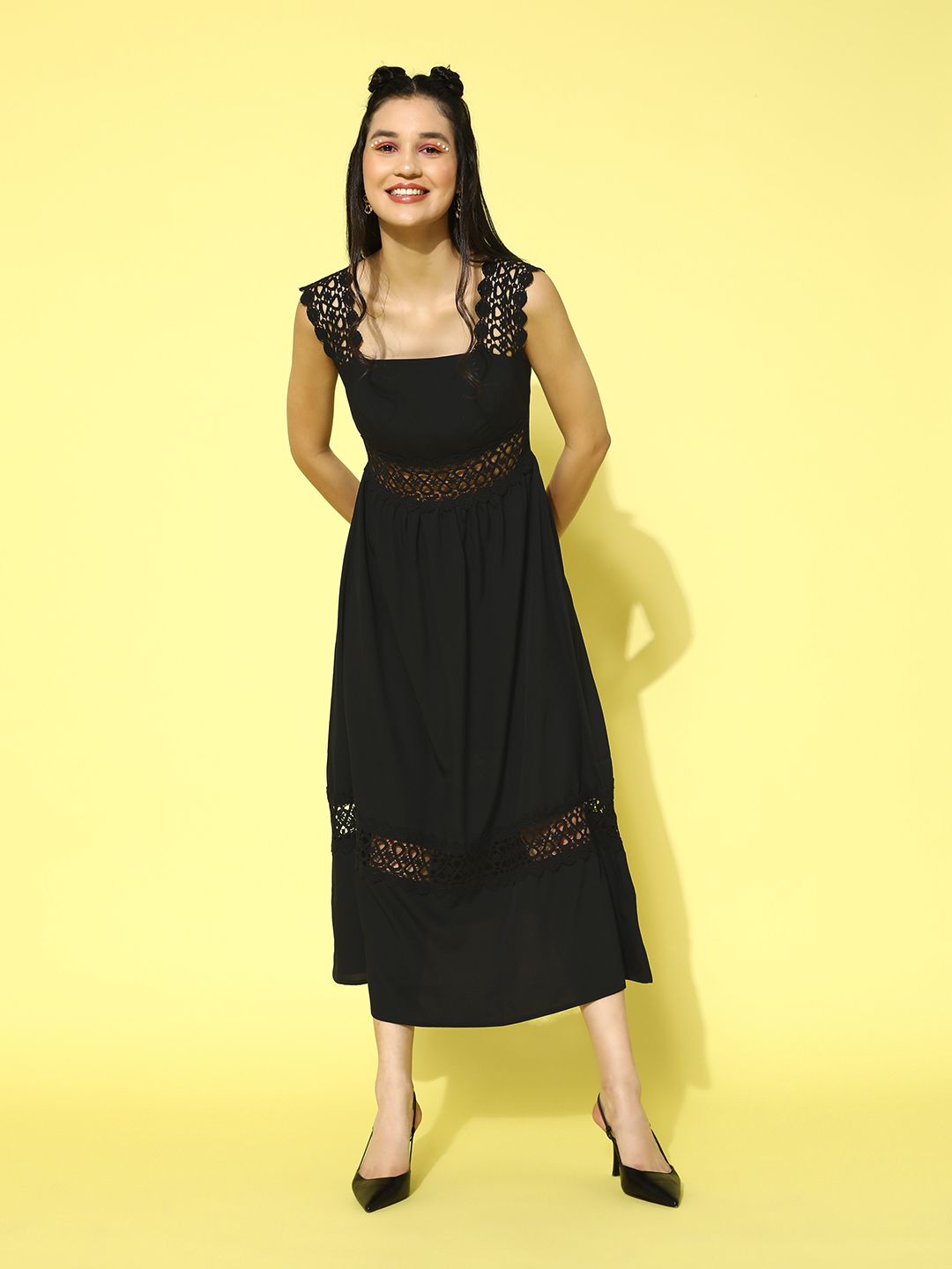 Berrylush Crepe Schiffli Fit & Flare Midi Dress