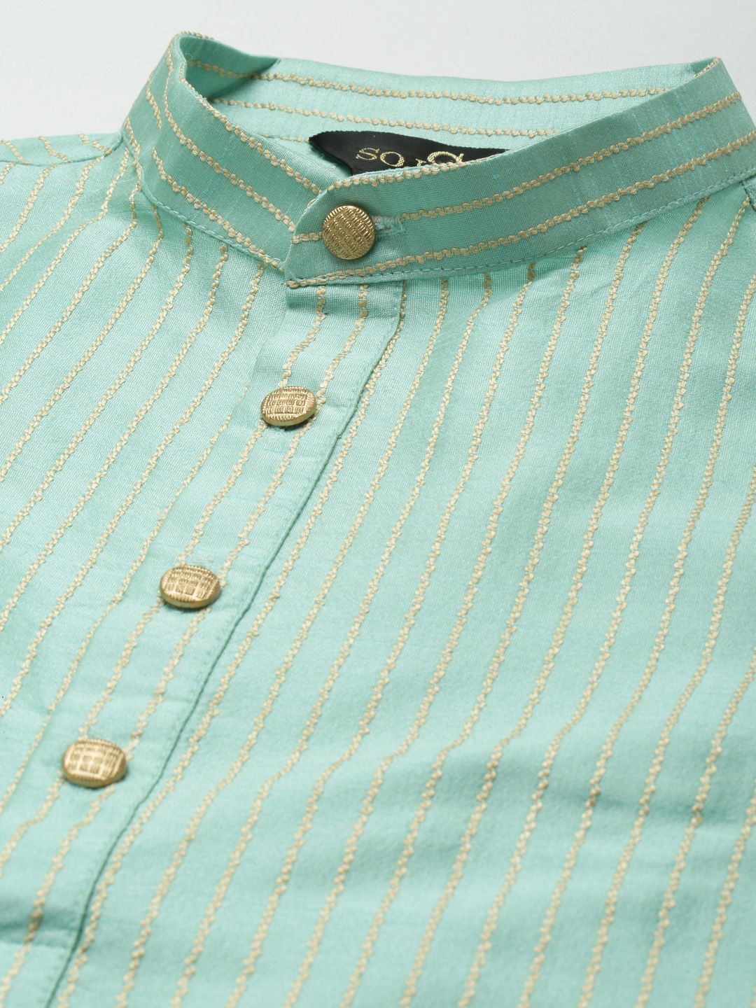 SOJANYA Men Sea Green Striped Kurta with Churidar & Nehru Jacket