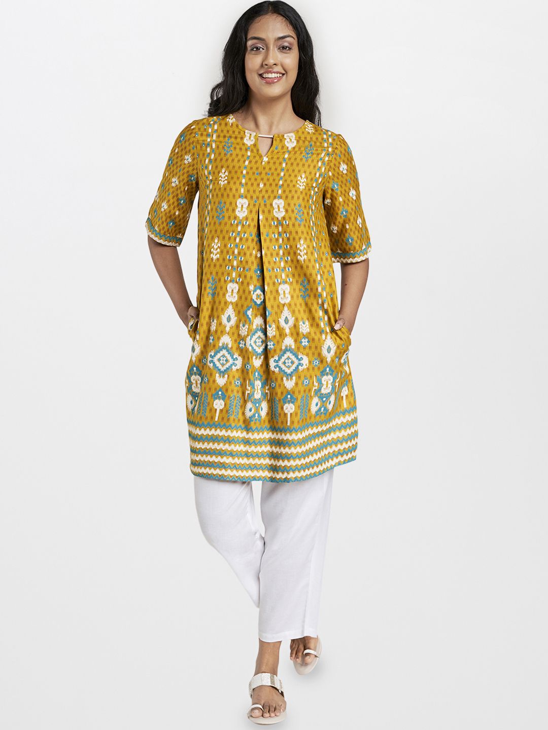 Global Desi Women Mustard Yellow Printed EcoVero A-Line Fusion Dress
