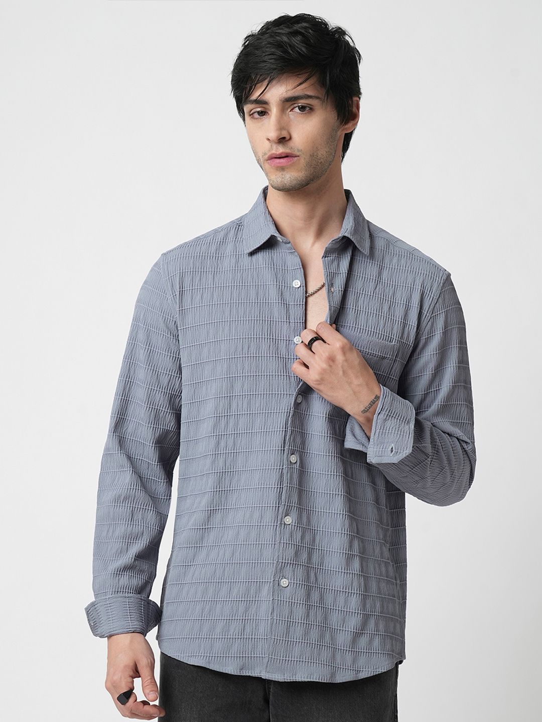 VASTRADO Men Classic Fit Spread Collar Textured Casual Shirt