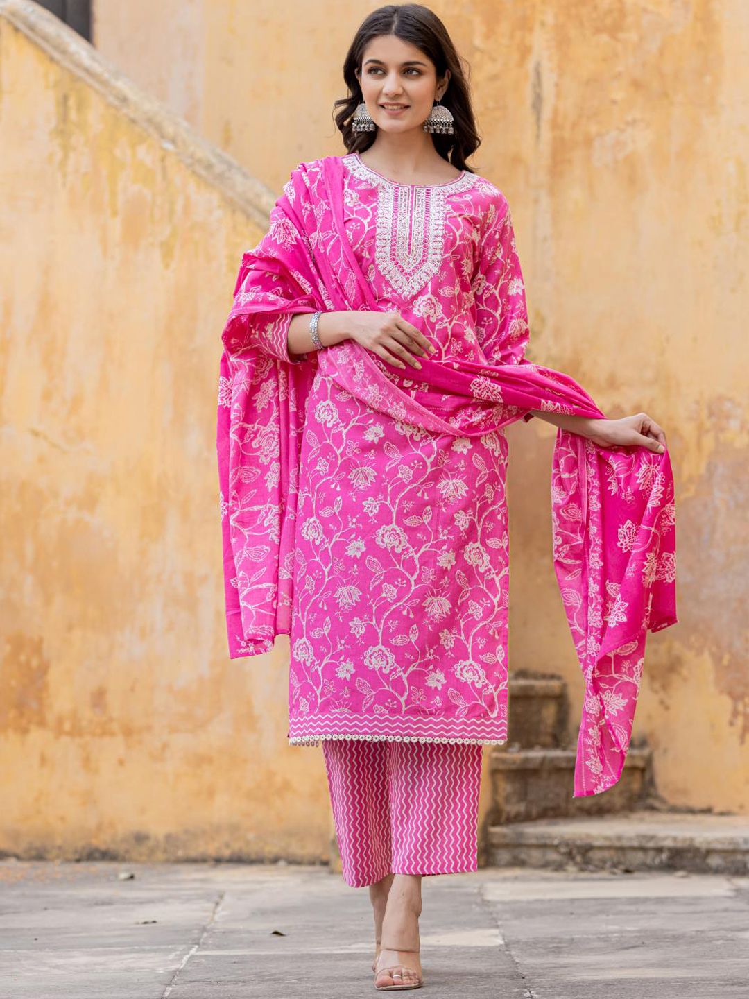 Varanga Floral Printed Regular Thread Work Kurta with Trouser & Dupatta
