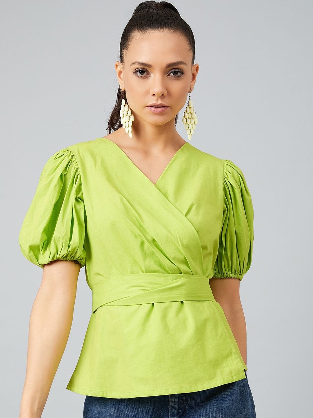 Athena Lime Green Knotted Wrap Top With Puffed Sleeves