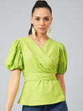 Athena Lime Green Knotted Wrap Top With Puffed Sleeves