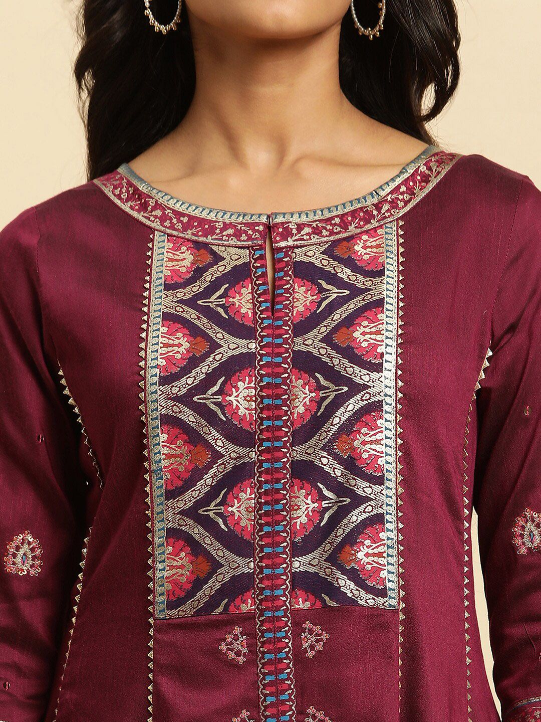 W Purple Ethnic Motifs Yoke Design Gotta Patti A-Line Kurta