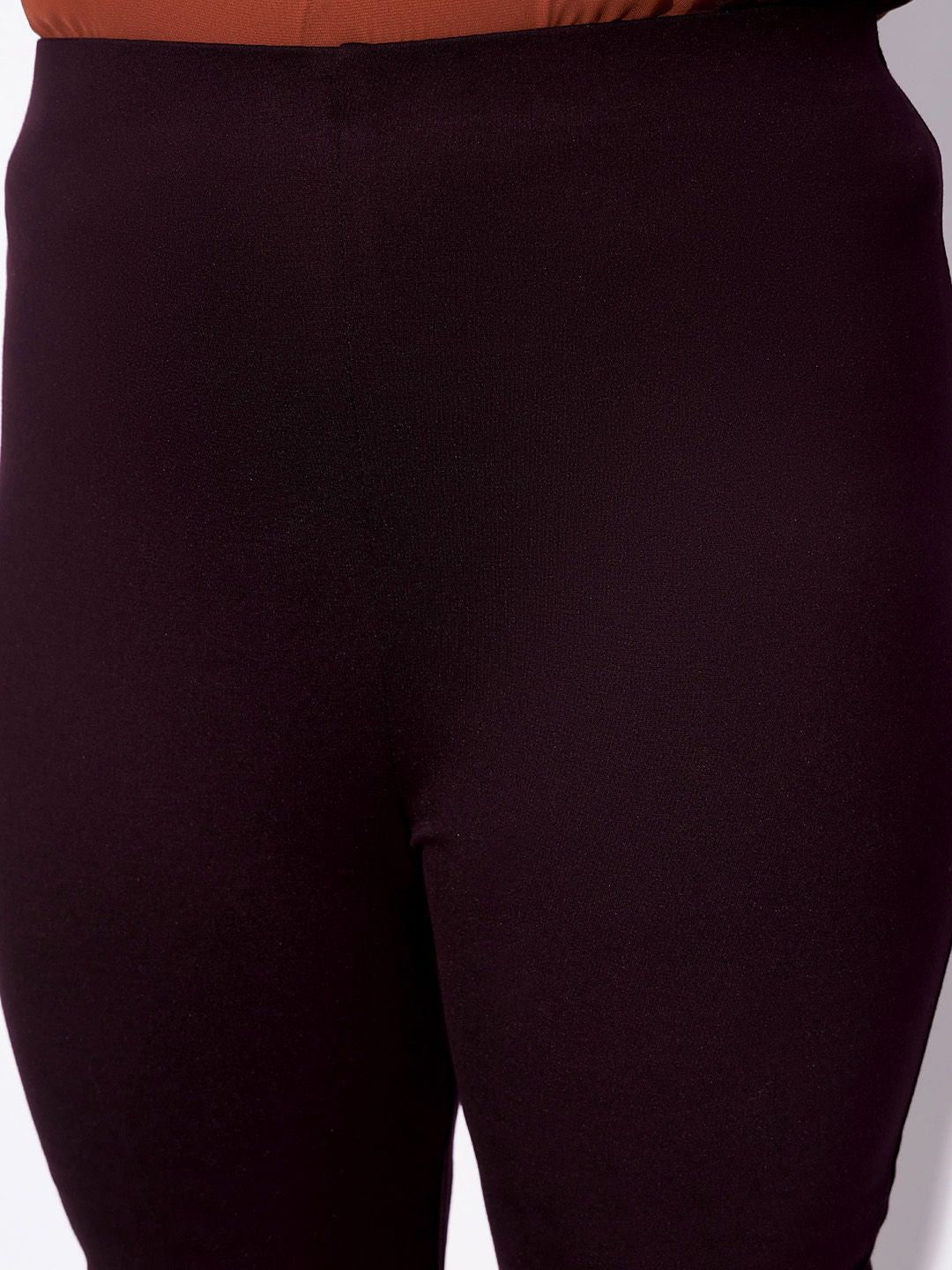SASSAFRAS Curve Women Plus Size Burgundy Slim Fit Zip Detail Regular Trousers