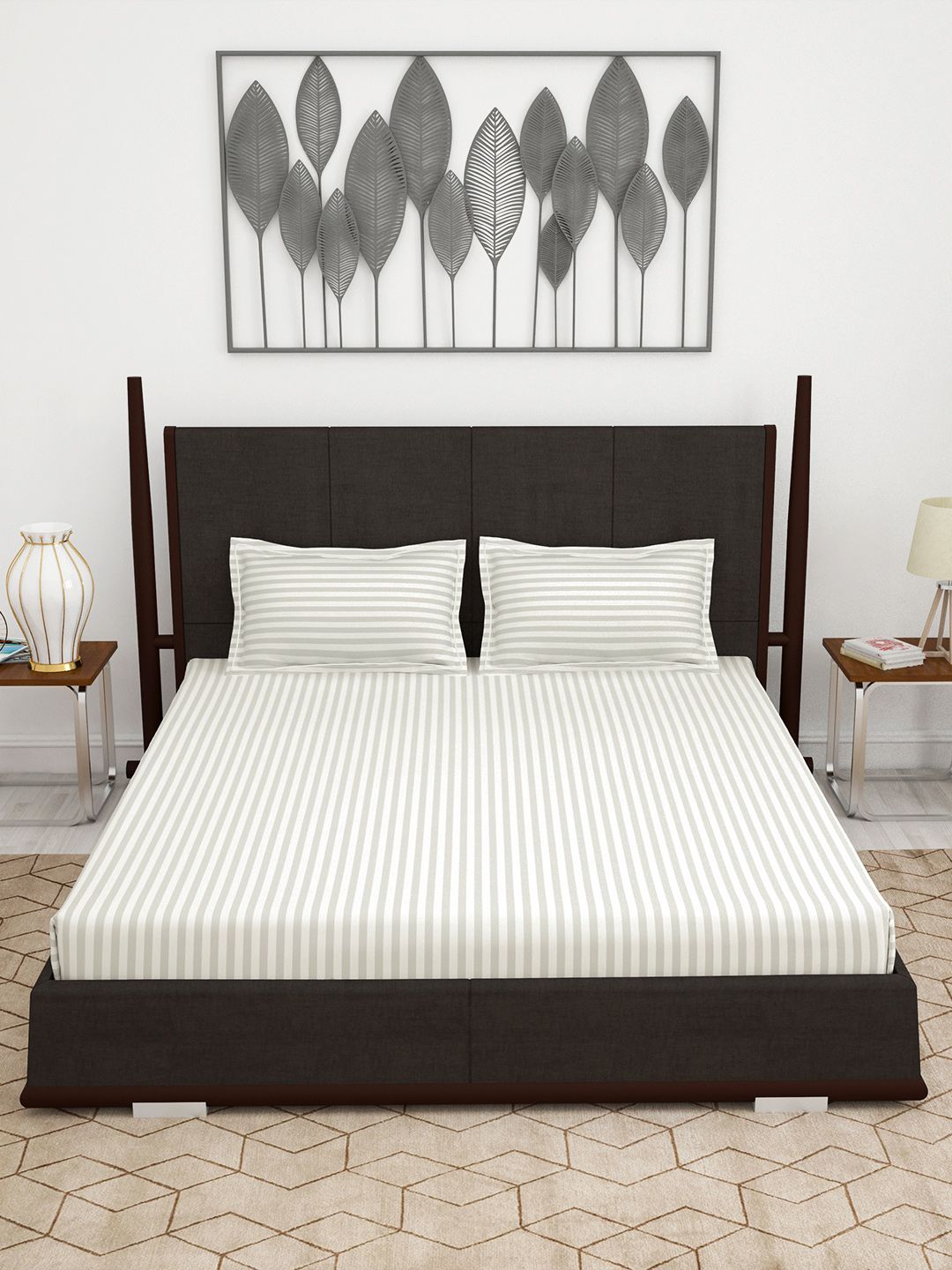 Story@home White Self-Striped Flat 300 TC Cotton 1 King Bedsheet with 2 Pillow Covers