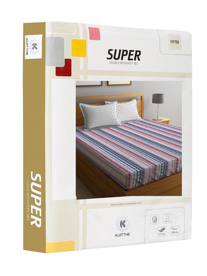 KLOTTHE Blue & Pink Printed 300TC Fitted Double King Bedsheet With 2 Pillow Covers