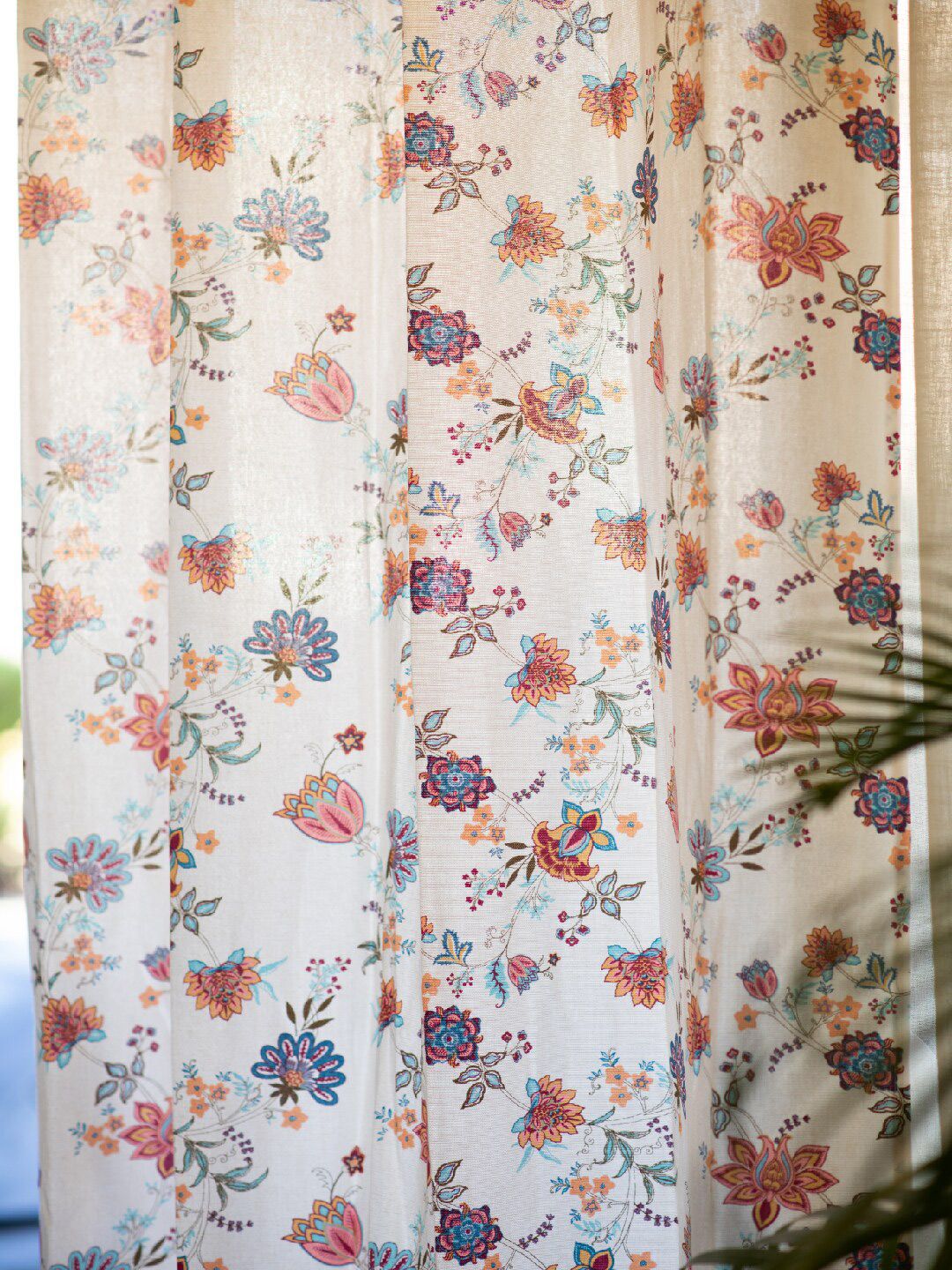 URBAN SPACE Cream-Coloured & Peach 2-Pieces Floral Cotton Door Curtains