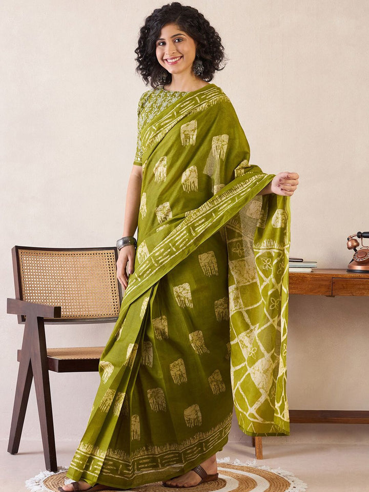 Saree mall Ethnic Motifs Poly Cotton Ready To Wear Bagru Sarees
