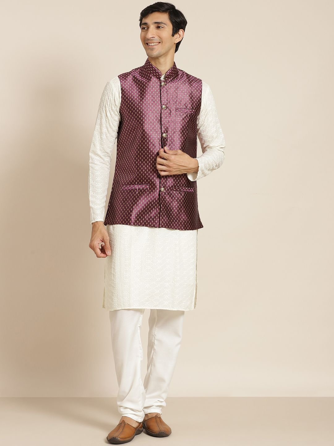SOJANYA Men Cream-Coloured Chikankari Pure Cotton Kurta with Churidar & Nehru Jacket
