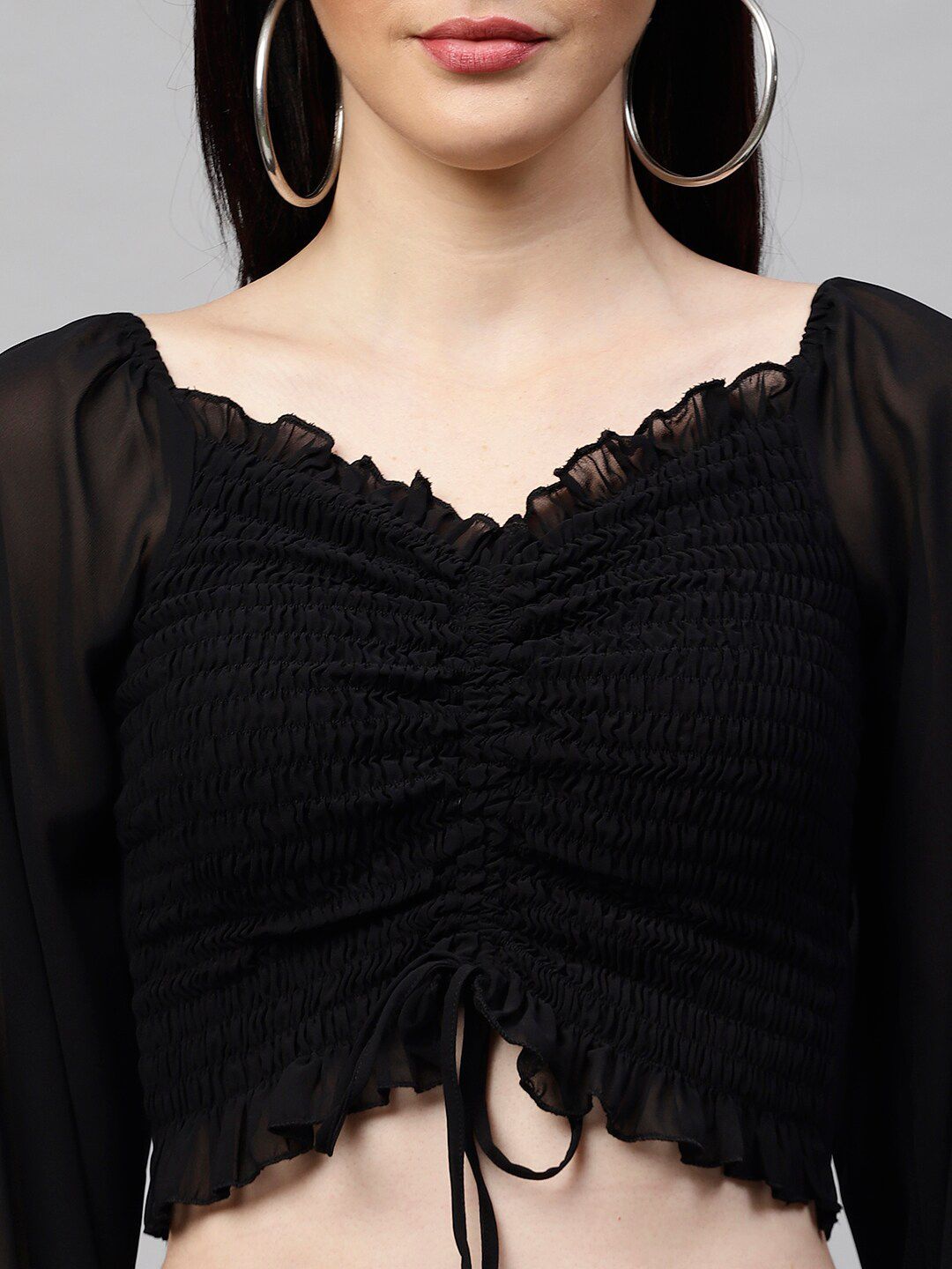 Athena Black Bell Sleeves Georgette Crop Top