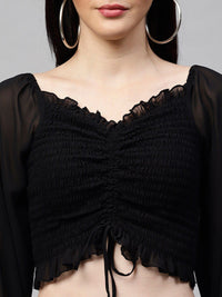 Athena Black Bell Sleeves Georgette Crop Top