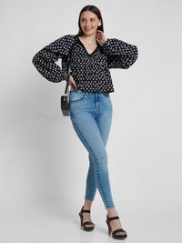 SPYKAR Geometric Printed V-Neck Puff Sleeves Cotton Regular Top