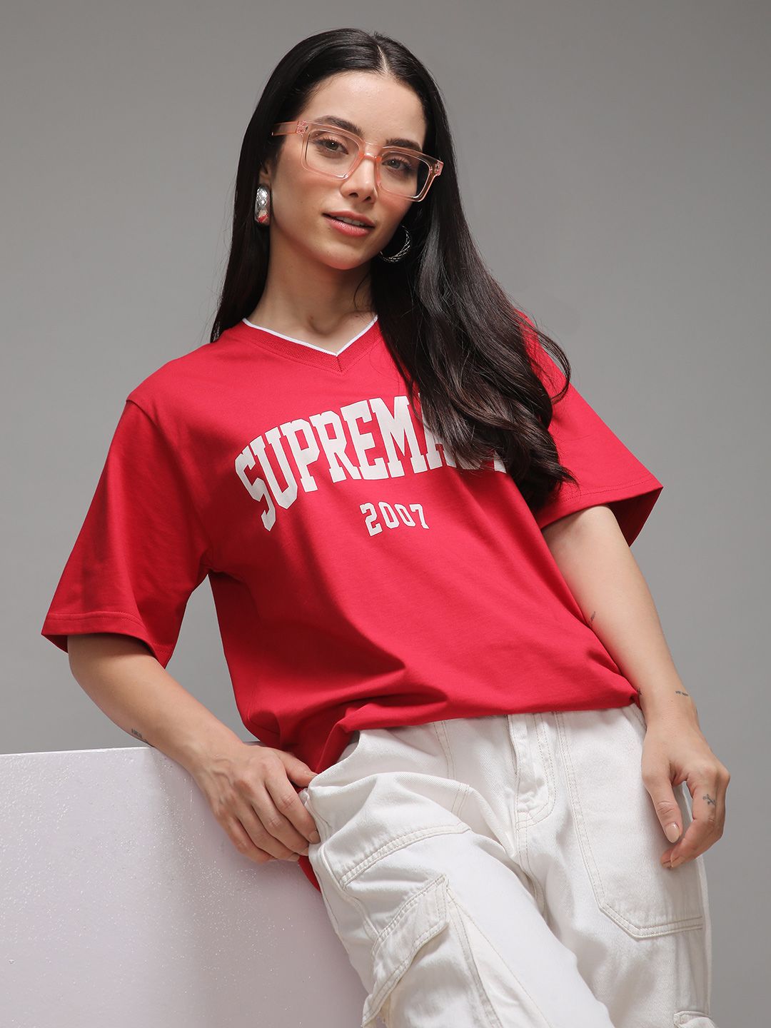 DILLINGER Women Short Sleeve Oversized V-Neck Printed Tshirt