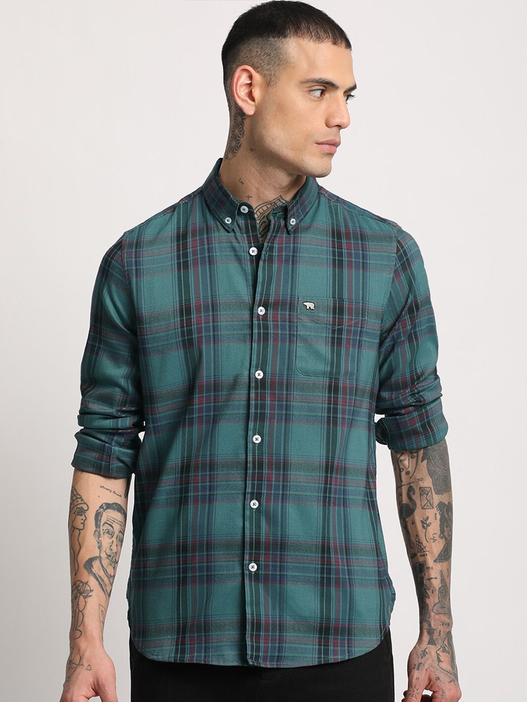 THE BEAR HOUSE Men Checked Slim Fit Button-Down Collar Casual Shirt