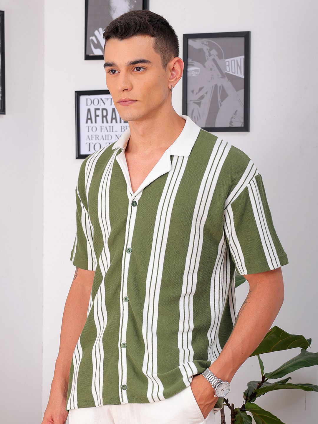 The Indian Garage Co Men Relaxed Fit Striped Flat Knit Polo Resortwear Shirt