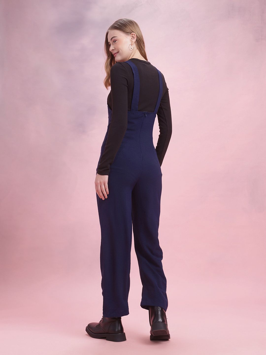 DressBerry Crinkled Effect Shoulder Straps Jumpsuit with Mock Buttons