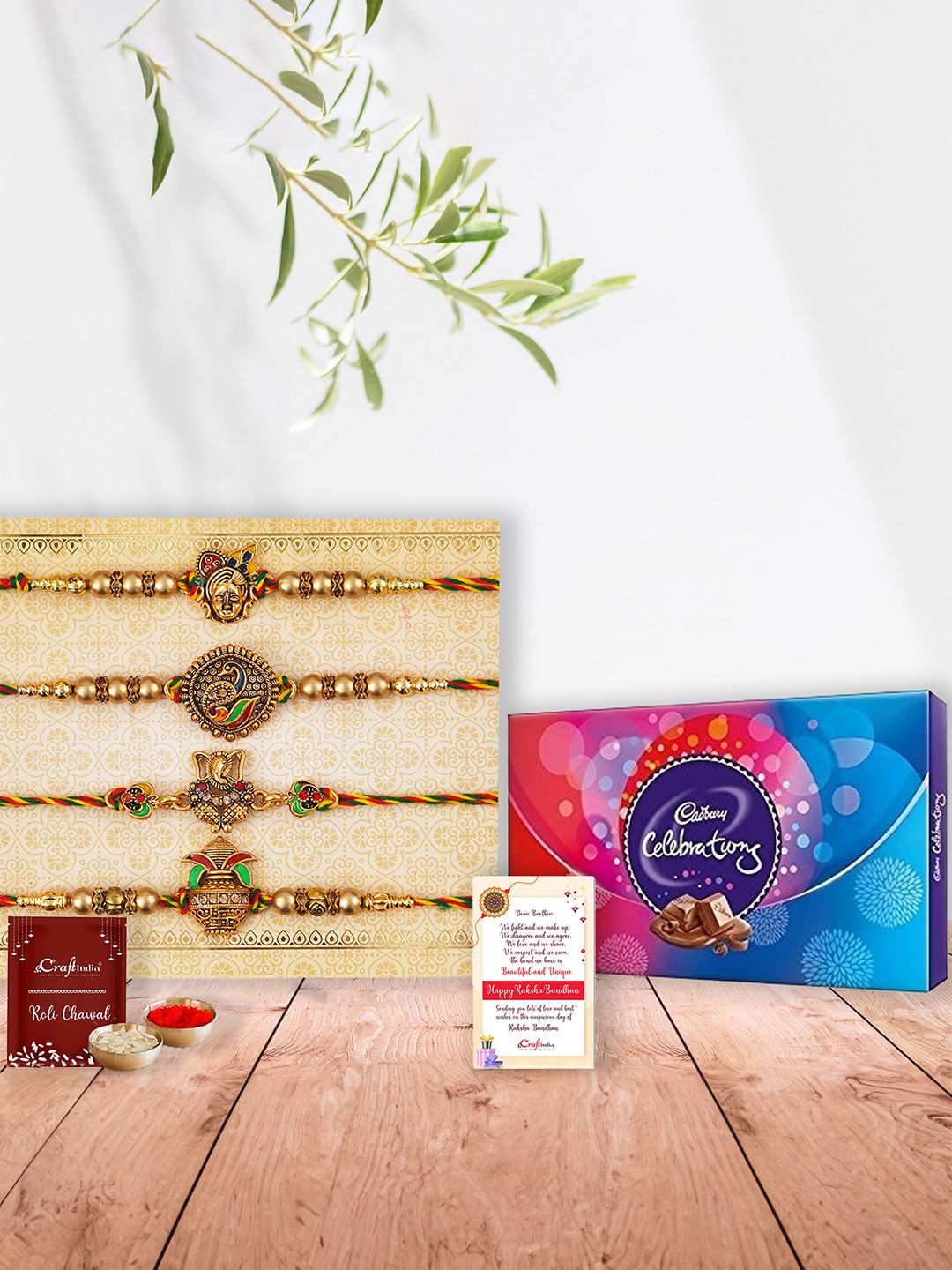 eCraftIndia Set of 4 Shrinathji, Peacock, Ganesha, Kalash Rakhis and Cadbury Celebrations
