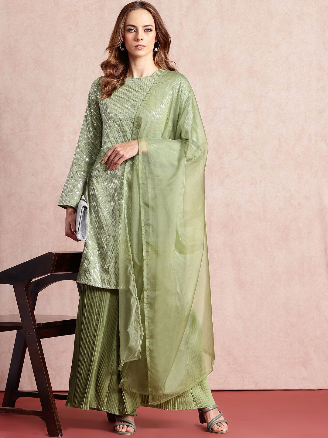 all about you Sequinned Detail Kurta with Trousers & Dupatta