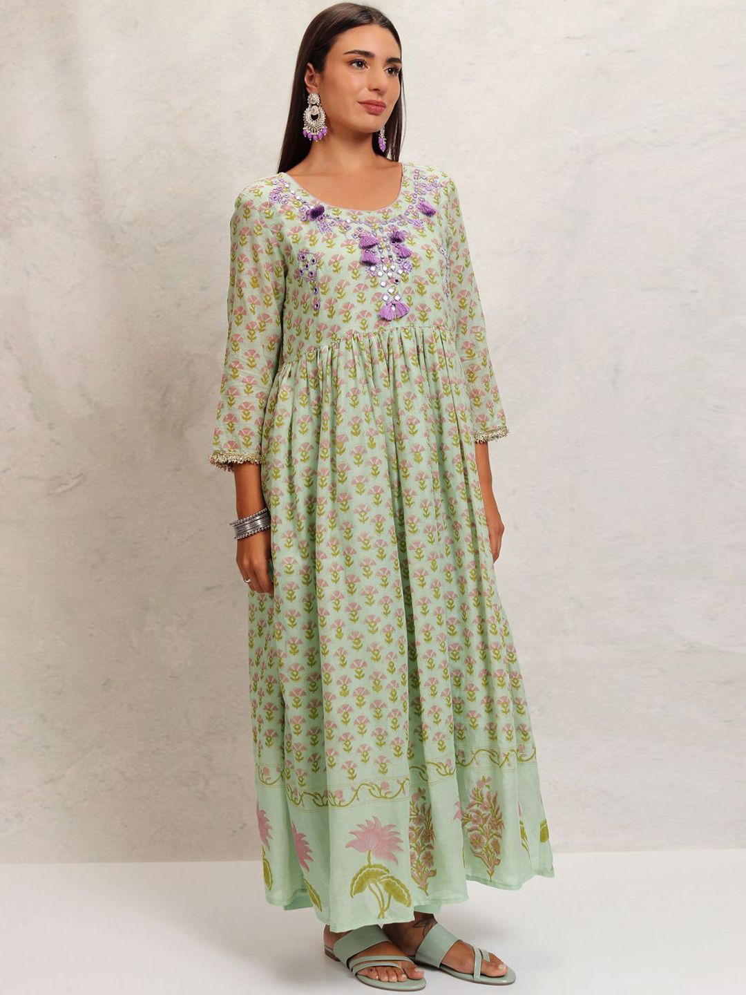 Vishudh Green Printed Mirror Work Pure Cotton Anarkali Kurta With Trousers & Dupatta