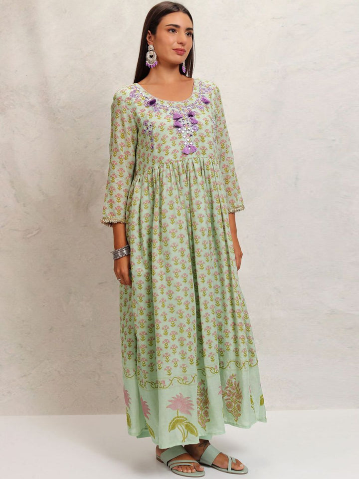 Vishudh Green Printed Mirror Work Pure Cotton Anarkali Kurta With Trousers & Dupatta