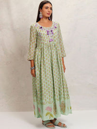 Vishudh Green Printed Mirror Work Pure Cotton Anarkali Kurta With Trousers & Dupatta