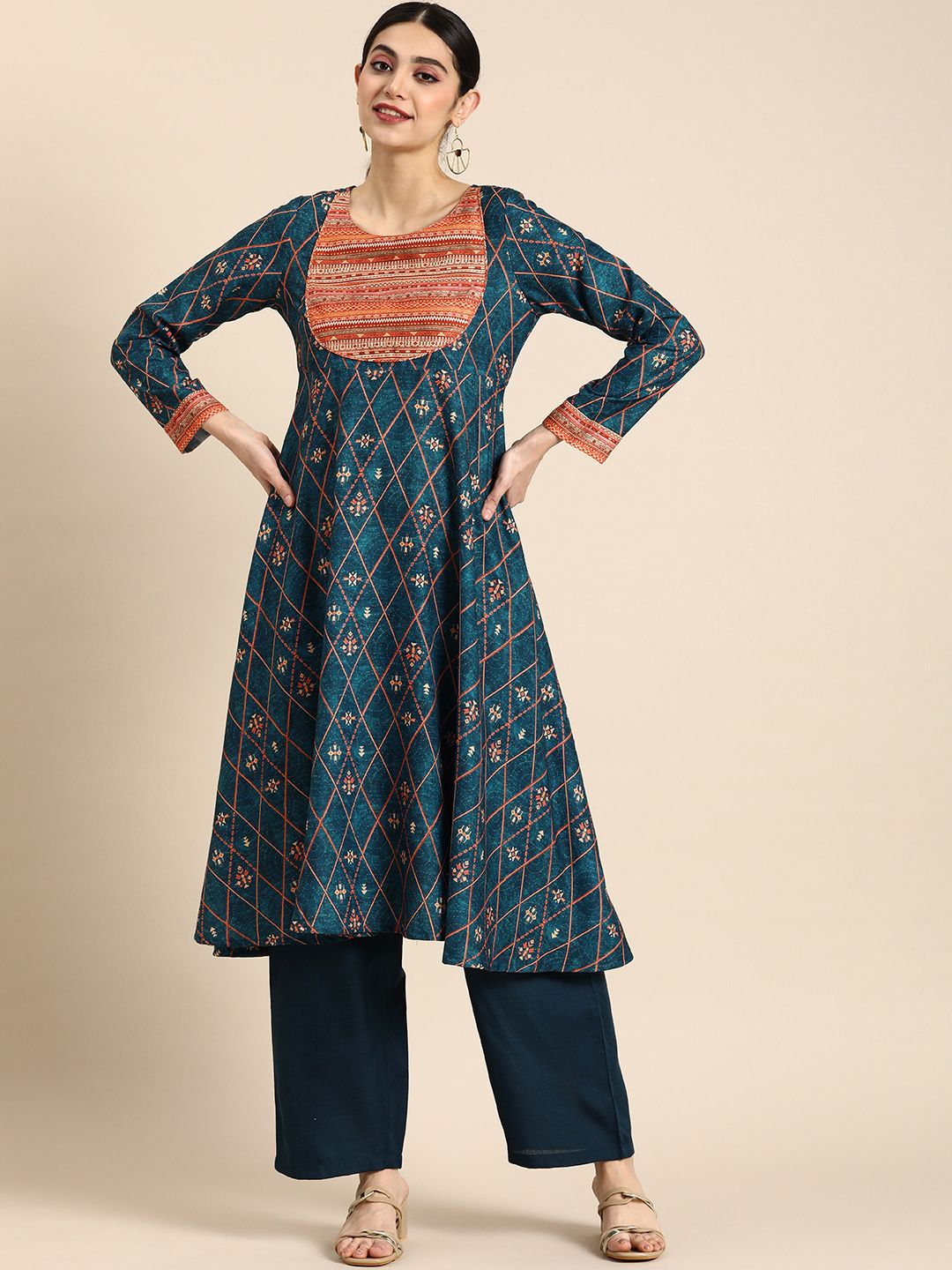 Anouk Ethnic Motifs Printed A-line Kurta with Palazzos