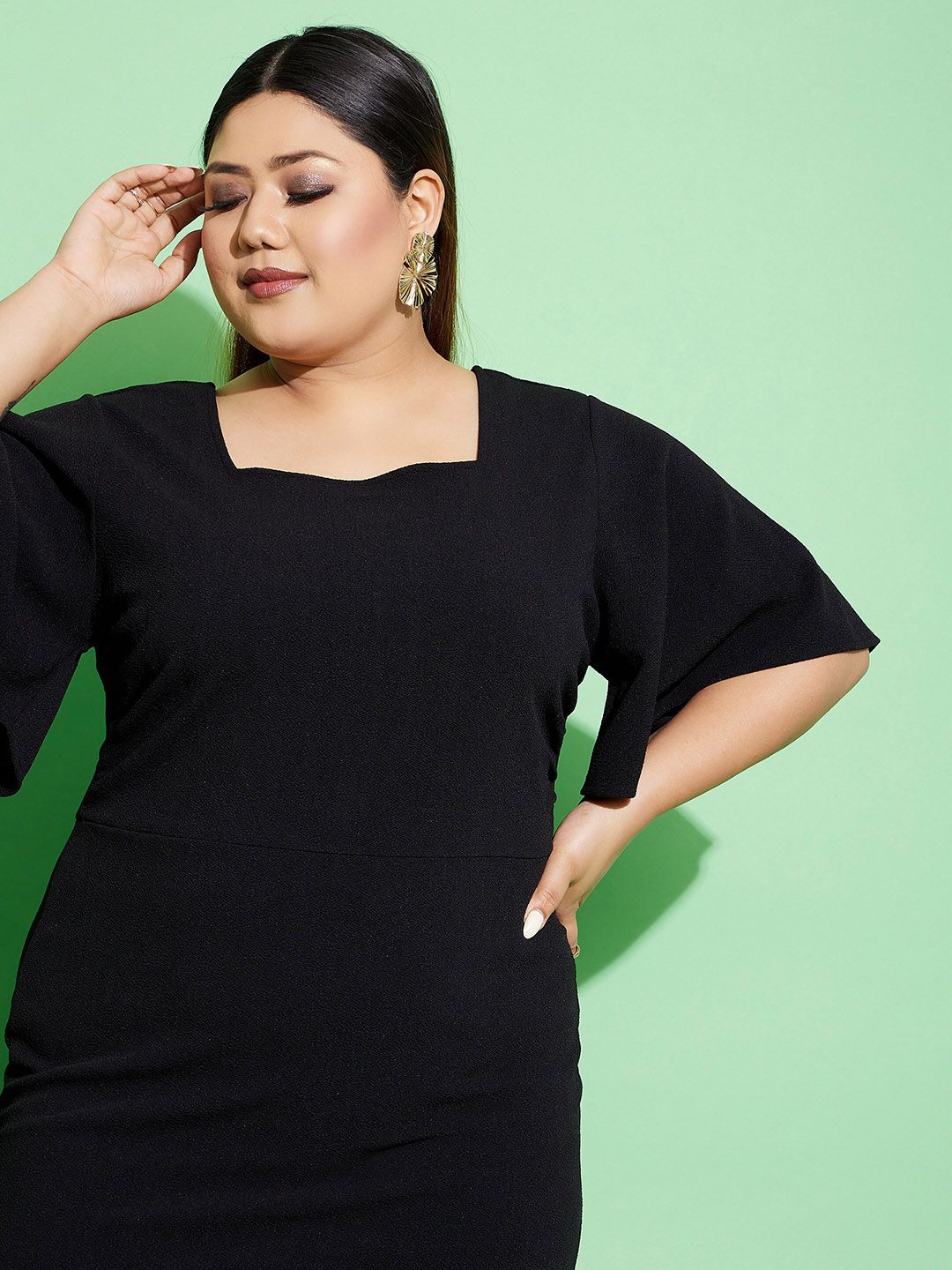 SASSAFRAS Curve Plus Size Square Neck Flutter Sleeves Bodycon Midi Dress