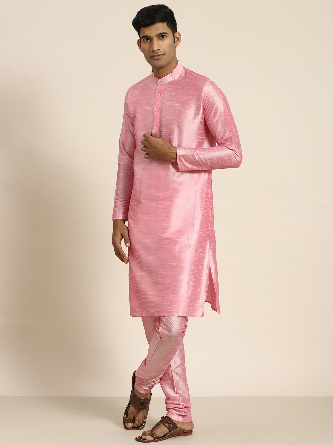 SOJANYA Men Pink Kurta with Churidar with Nehru Jacket