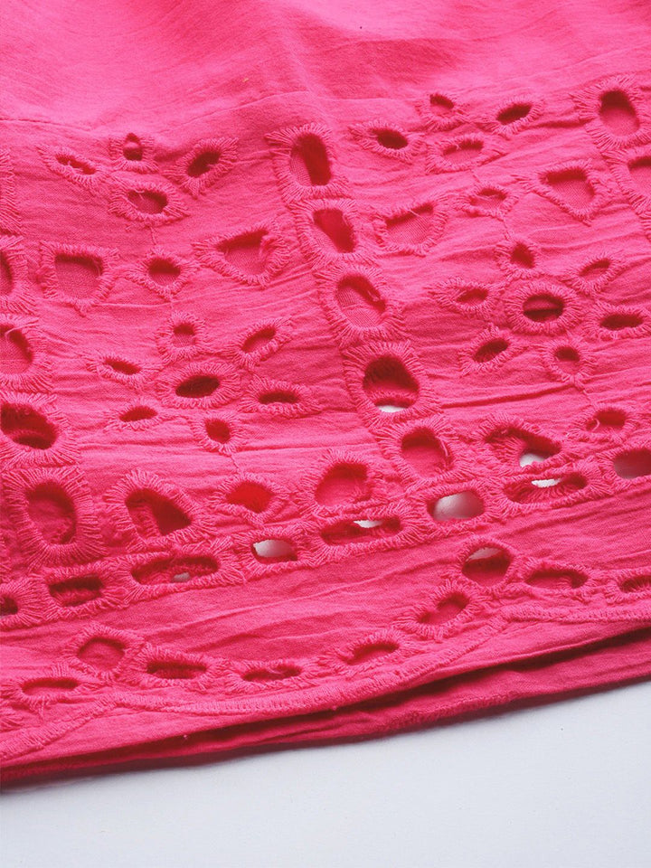 SASSAFRAS Fuchsia Pink Pure Cotton Schiffli Detail Flared Skirt with Belt