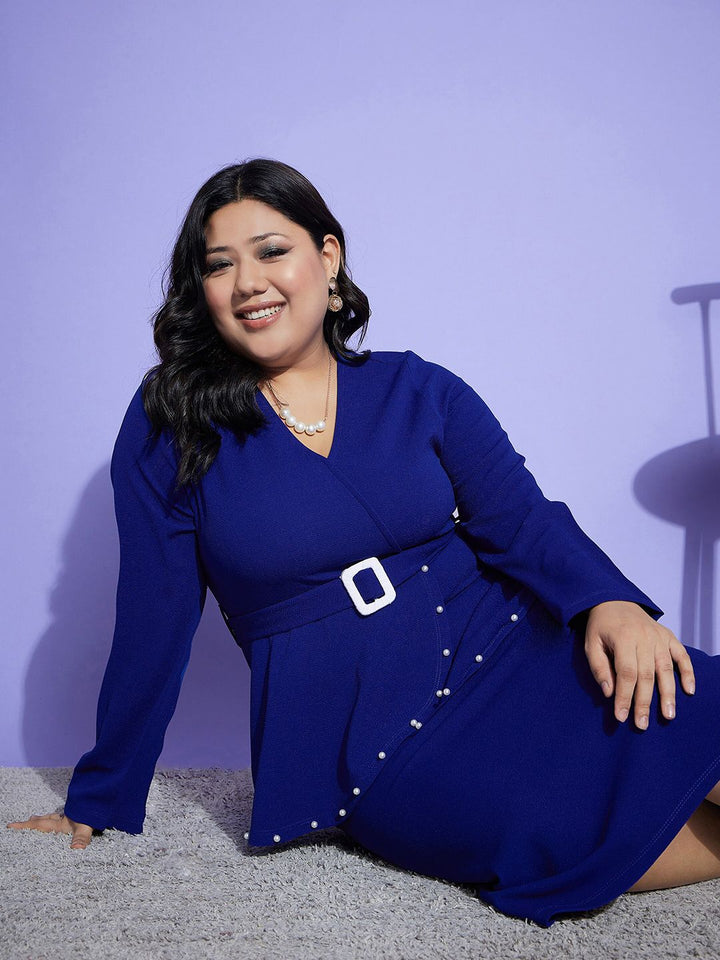 SASSAFRAS Curve Blue Plus Size Long Sleeve V-Neck Belted Beads Peplum Midi Dress