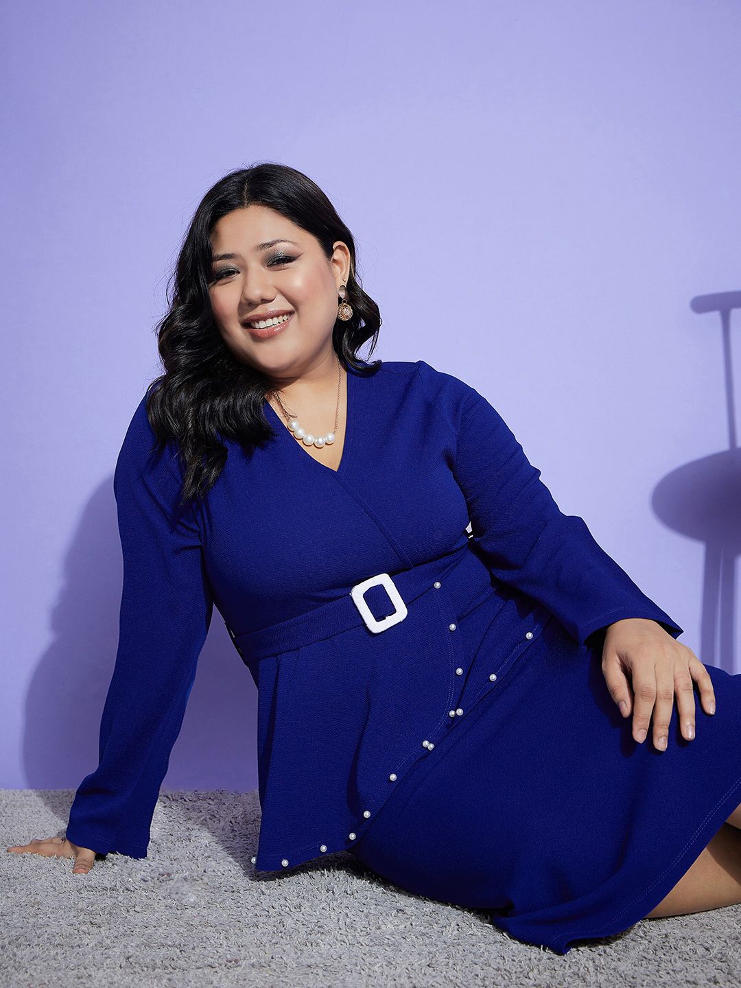SASSAFRAS Curve Blue Plus Size Long Sleeve V-Neck Belted Beads Peplum Midi Dress