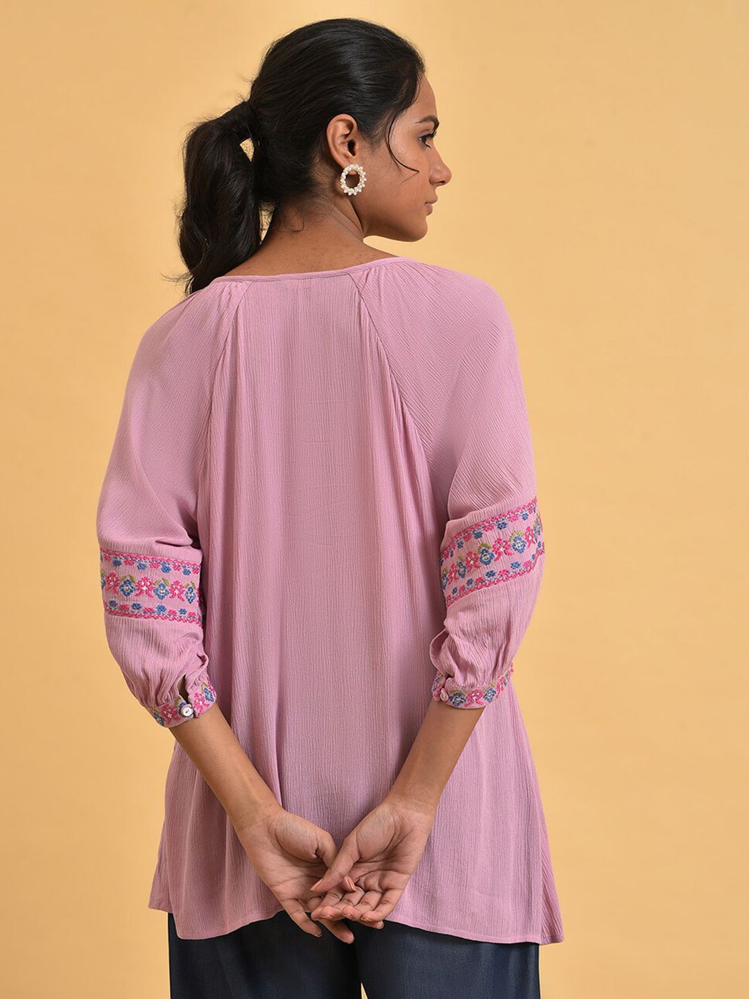 W Pure Cotton Print Tie-Up Neck Top