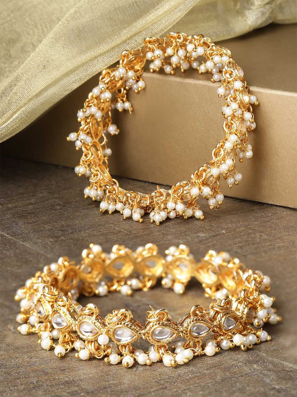 Priyaasi Set of 2 Off-White Gold-Plated Kundan-Studded & Beaded Handcrafted Bangles