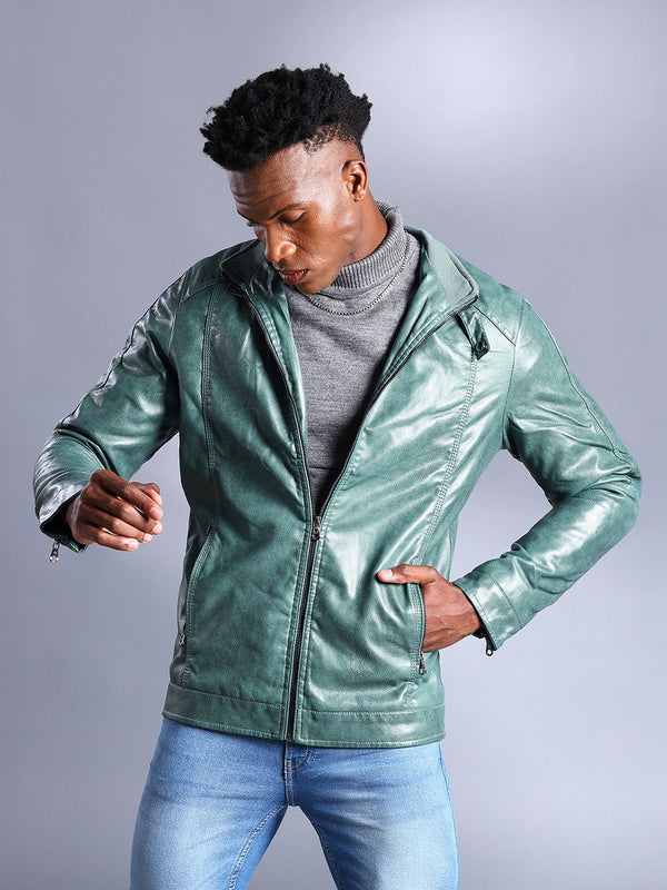 The Indian Garage Co Men Slim Fit Faux Biker Jacket with Zip Closure