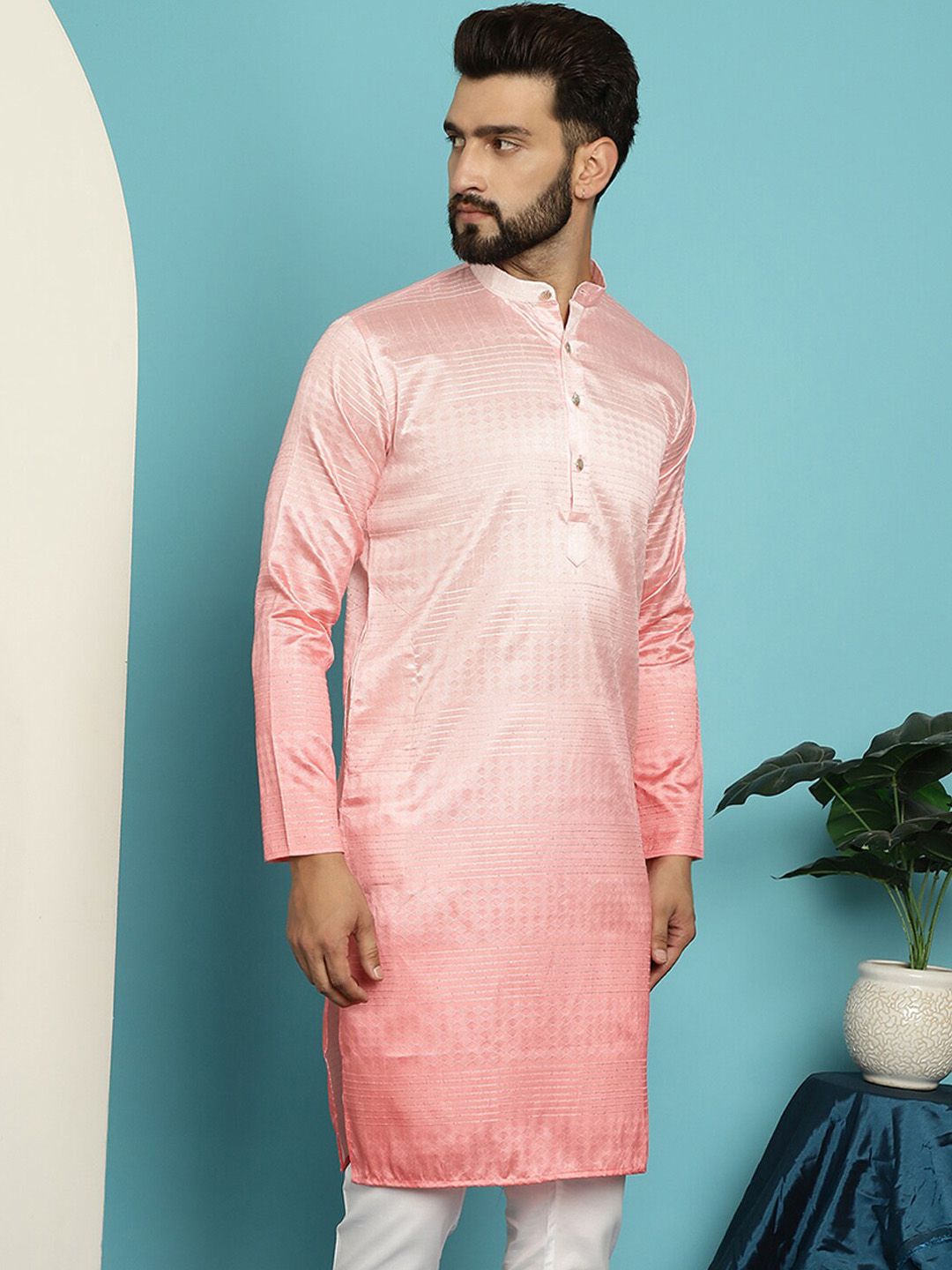 SOJANYA Mandarin Collar Ombre Silk Cotton Jacquard Kurta
