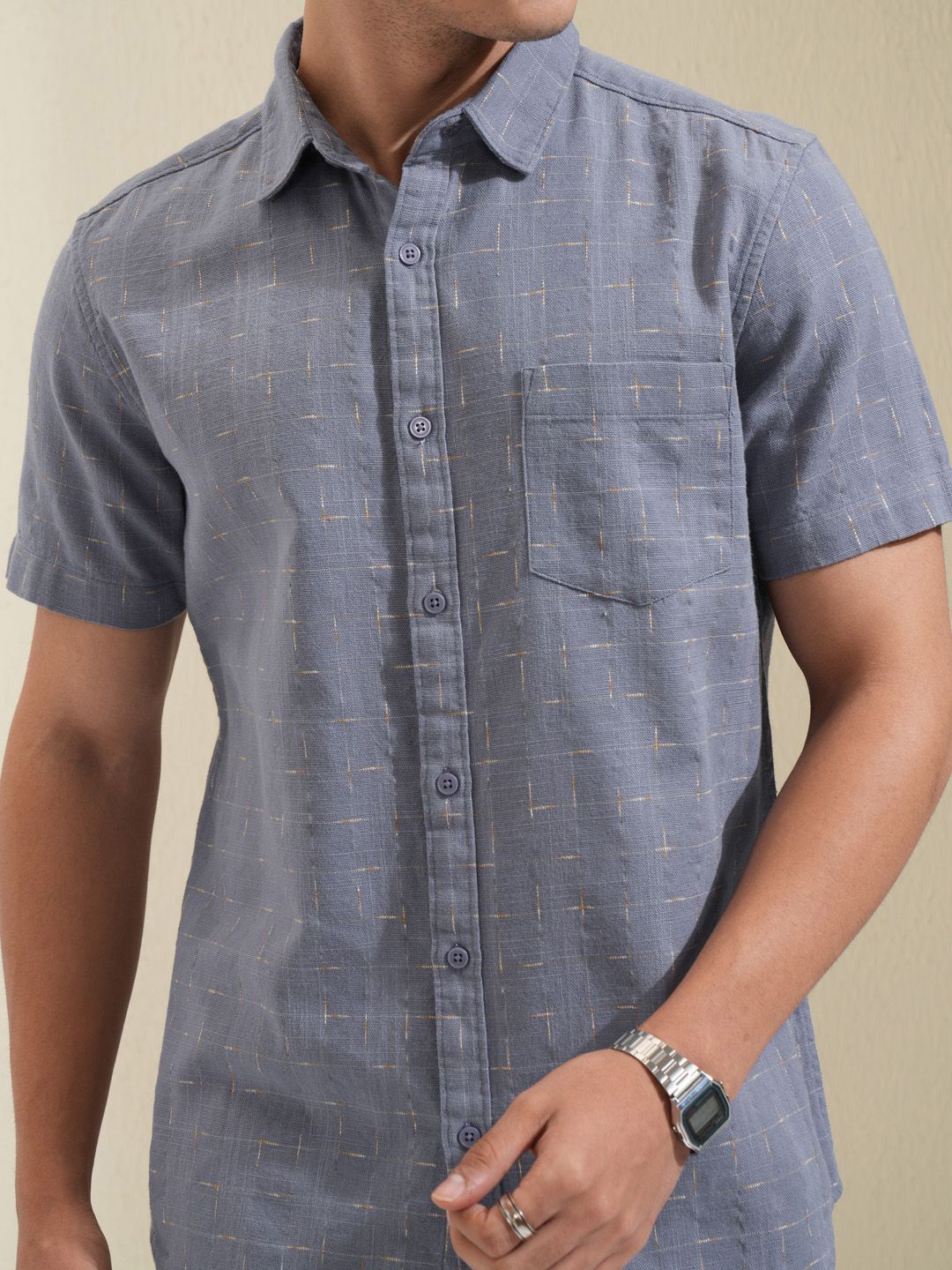 HIGHLANDER Men Special Yarn Dobby Textured Checked Casual Shirt