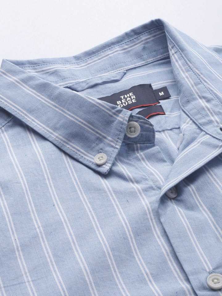 THE BEAR HOUSE Men Blue Slim Fit Pure Cotton Striped Casual Shirt
