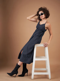 SASSAFRAS Navy Blue Shoulder Straps Empire Parachute Midi Dress