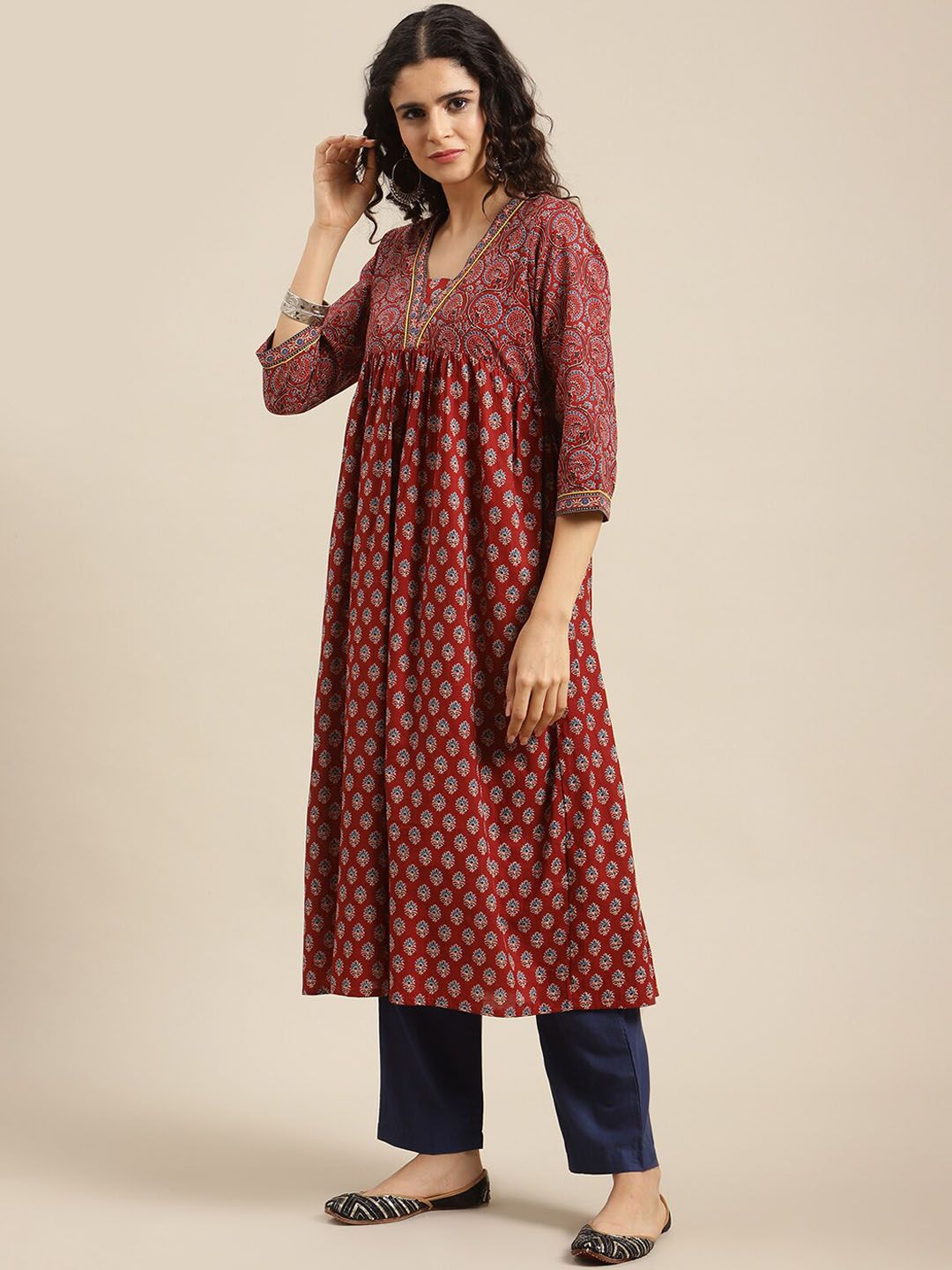 Varanga Women Maroon Ethnic Motifs Printed Kurta