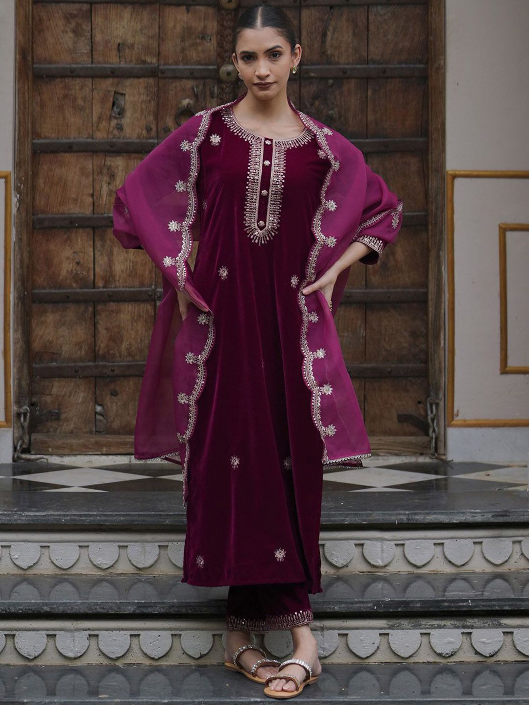 Indo Era Women Ethnic Motifs Embroidered Regular Velvet Kurta with Trousers & With Dupatta