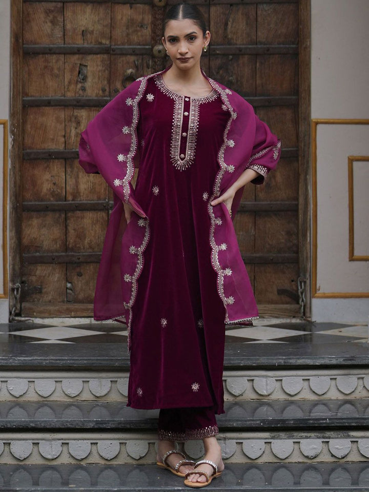 Indo Era Women Ethnic Motifs Embroidered Regular Velvet Kurta with Trousers & With Dupatta