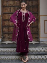 Indo Era Women Ethnic Motifs Embroidered Regular Velvet Kurta with Trousers & With Dupatta