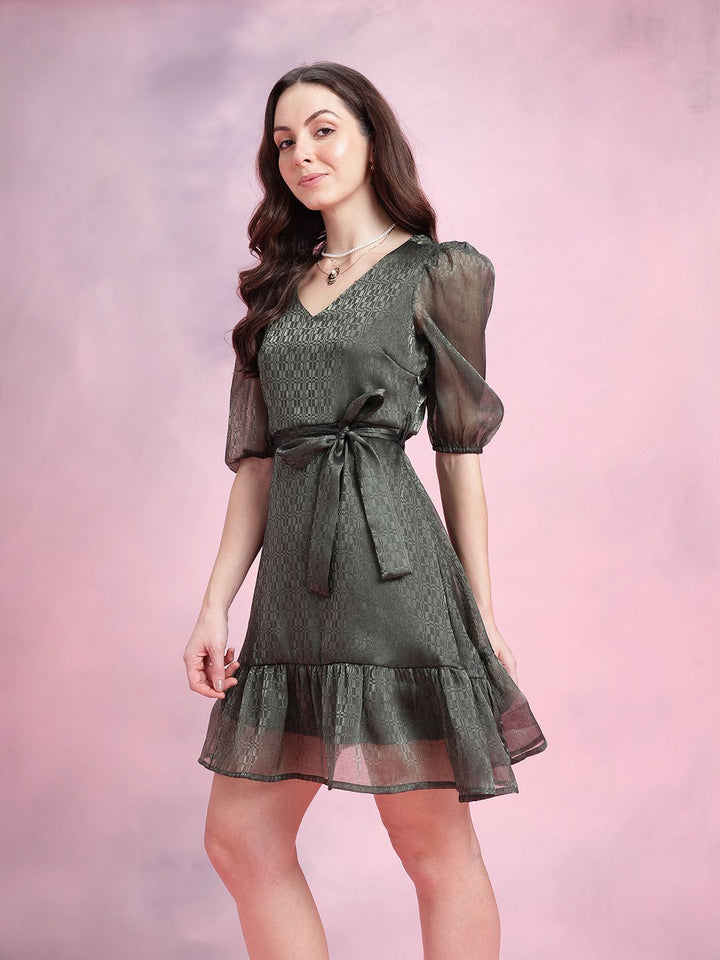 DressBerry Geometric Self-Design Puff Sleeves Party Fit & Flare Dress with Belt