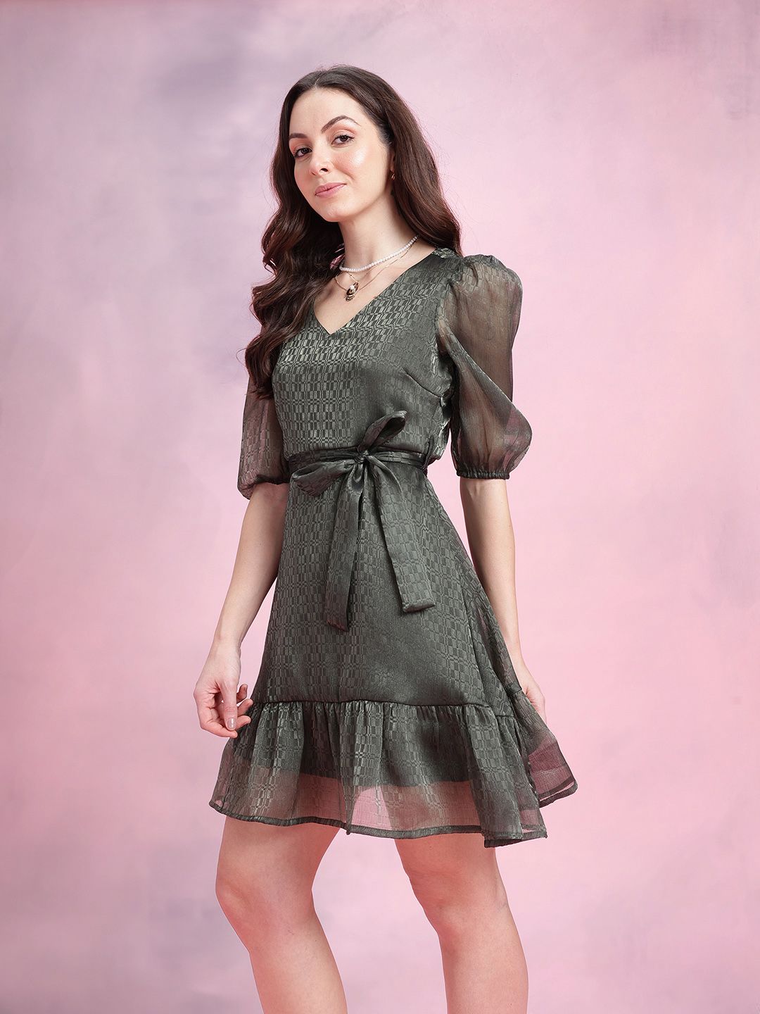 DressBerry Geometric Self-Design Puff Sleeves Party Fit & Flare Dress with Belt